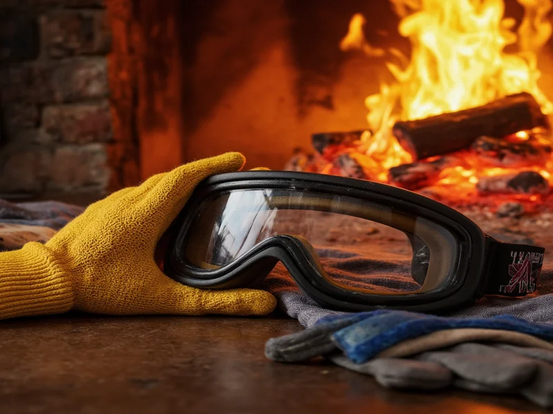 Safety gear for fireplace DIY project including gloves and goggles