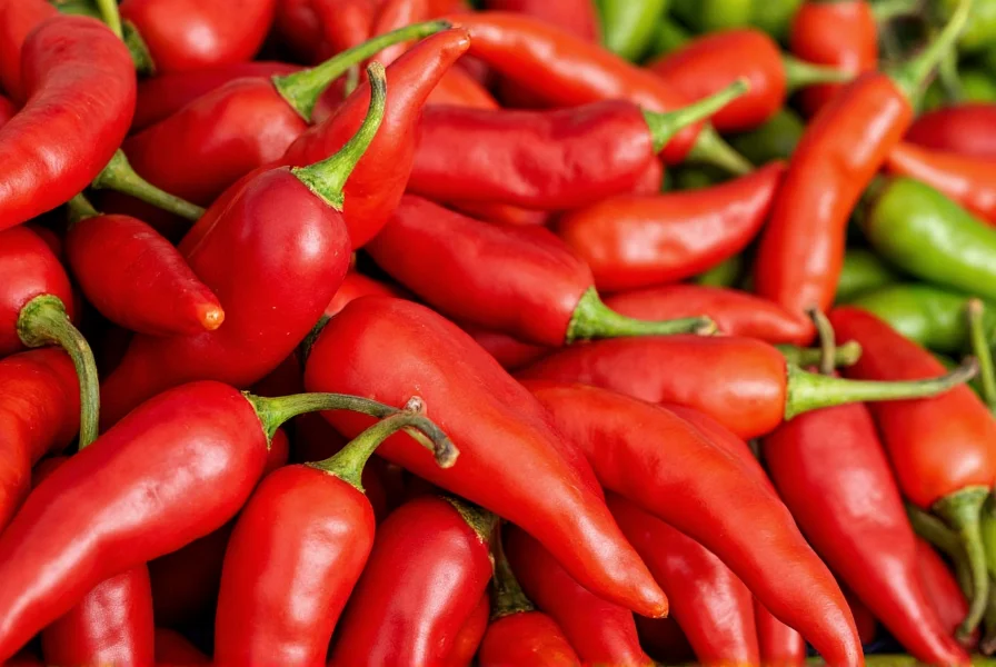 Close-up view of various red chili pepper varieties arranged by heat level from mild to extreme