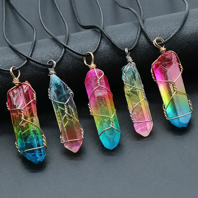 

Handmade Irregular Rainbow Crystal Point Stone Necklace Wire Wrapped Natural Stone Necklace Raw Stone Jewelry