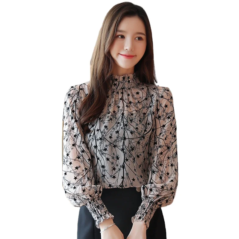 

Fashion Women Chiffon Blouses Casual Stand Collar Floral Women Clothing Long Sleeve Printed Shirt Women Tops