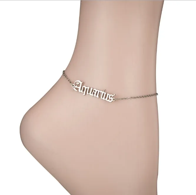 

Hot Sale Gold Initial Anklet for Women Chain Anklets 12 Zodiac Signs Alphabet Letter Cuban Link Ankle Bracelet Barefoot Jewelry, As the picturs