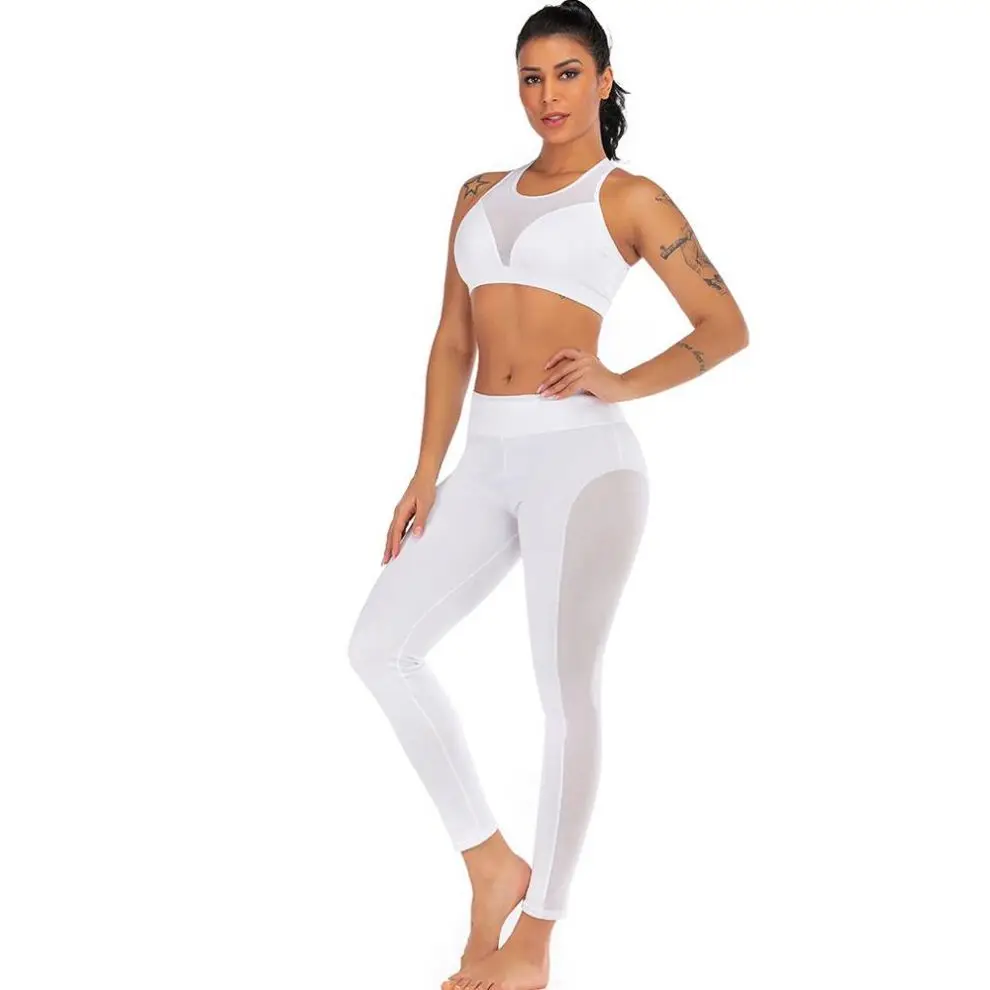 

2019 Mesh Sexy Yoga Set Patchwork Fitness Exercise Leggings 2 Pcs Active Wear Women, Picture