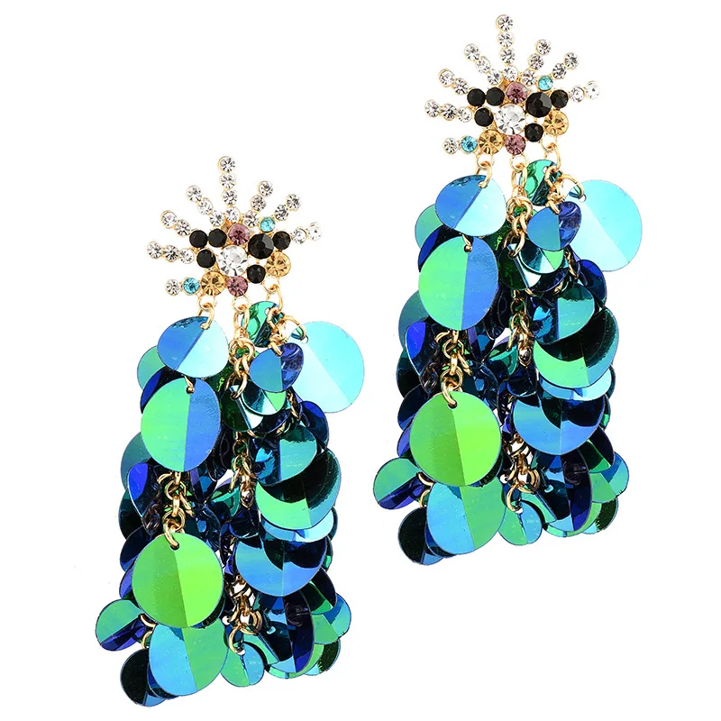 

New European and American retro long earrings chic circle creative personality Sequin earrings, As picture