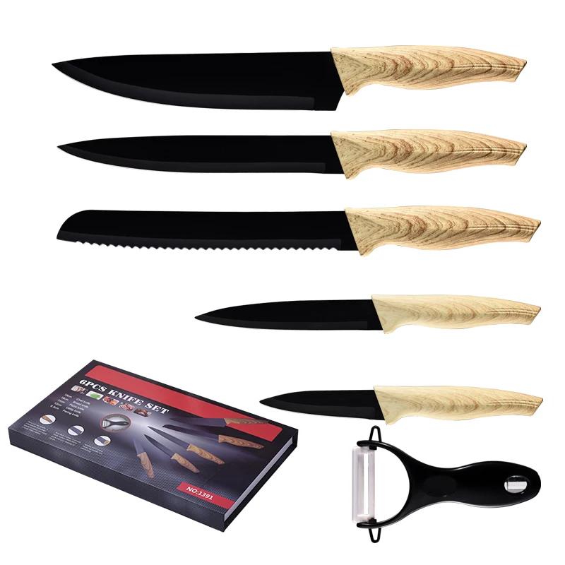 

In Stock 6 Piece Kitchen Knife Set Wood Grain Handle Non-stick Stainless Steel Knives Set With Gift Box