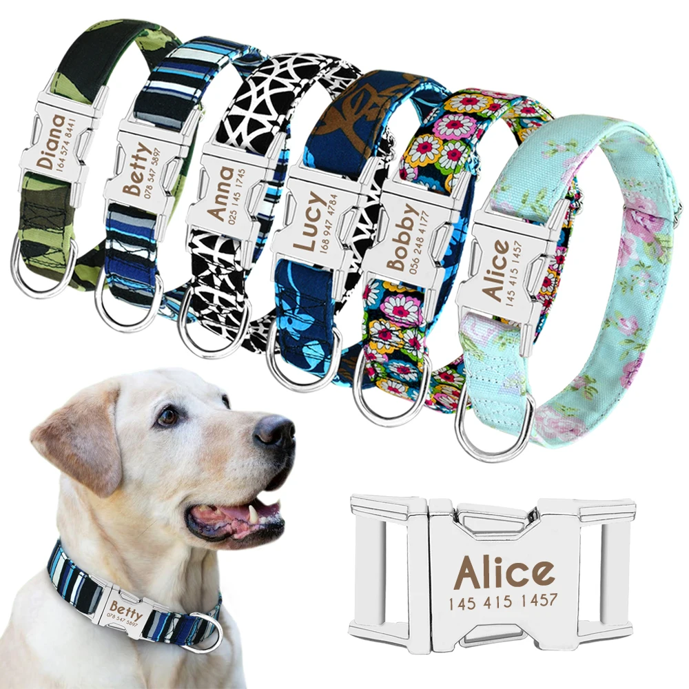 

Customized Printed Pet Collar Nylon Dog Collar Personalized Free Engraved Puppy ID Name Collar for Small Medium Large Dogs Pug