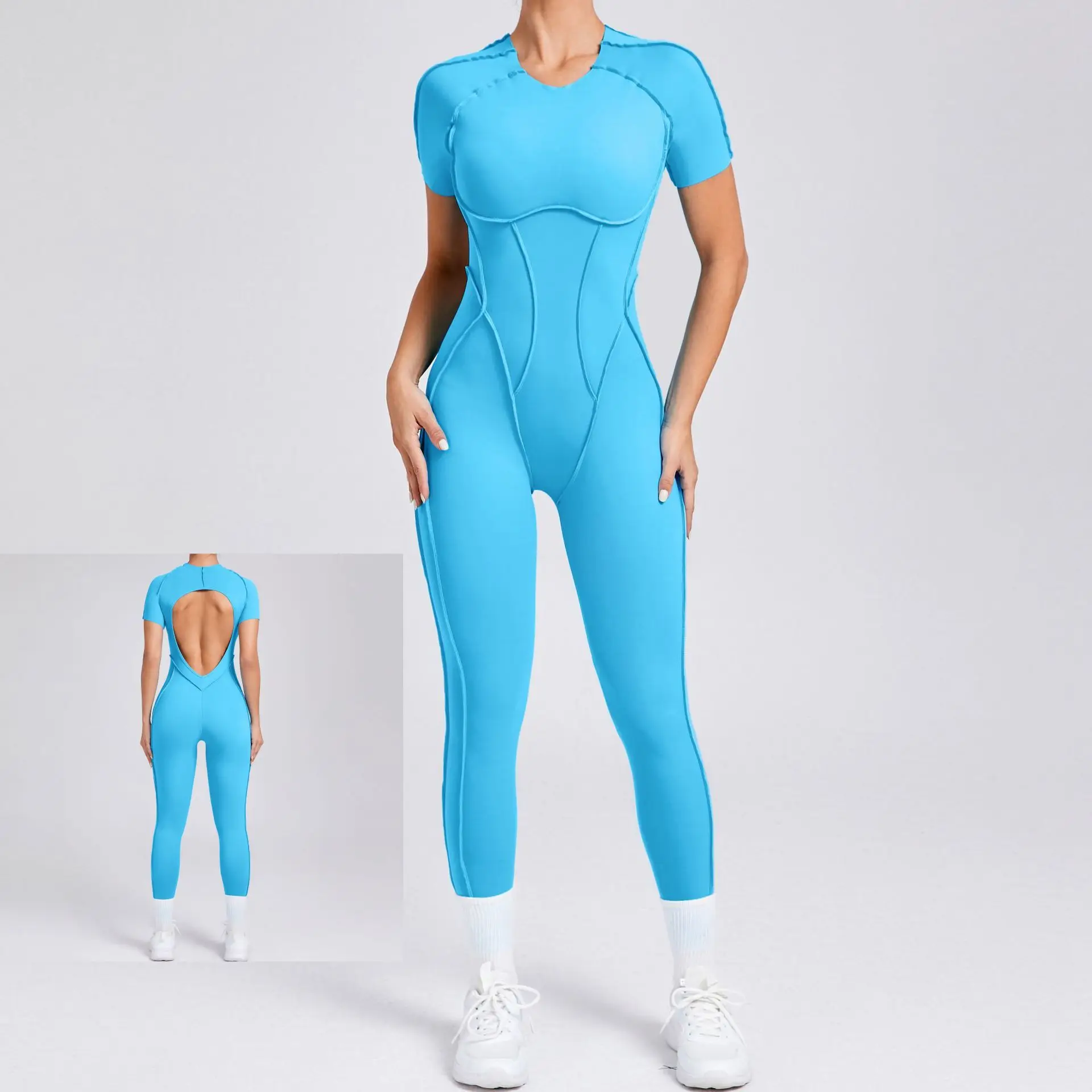 2025 New Flame Blue Sports Bodysuit Jumpsuit for Women Backless Long Pants Short Sleeves Long Neck Three-Dimensional Splicing