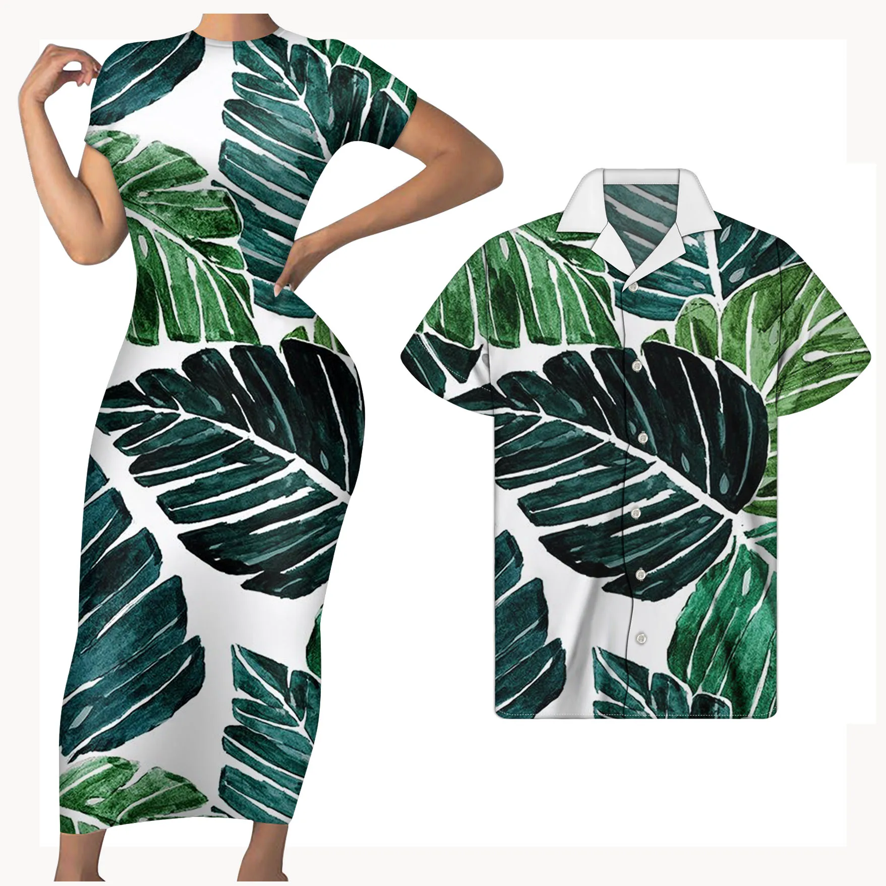 

New Green Tropical Monstera Leaves Pattern Club Dress Short Sleeves Bodycon Pencil Mini Dresses Wedding Dresses for Big Womens, Customized color