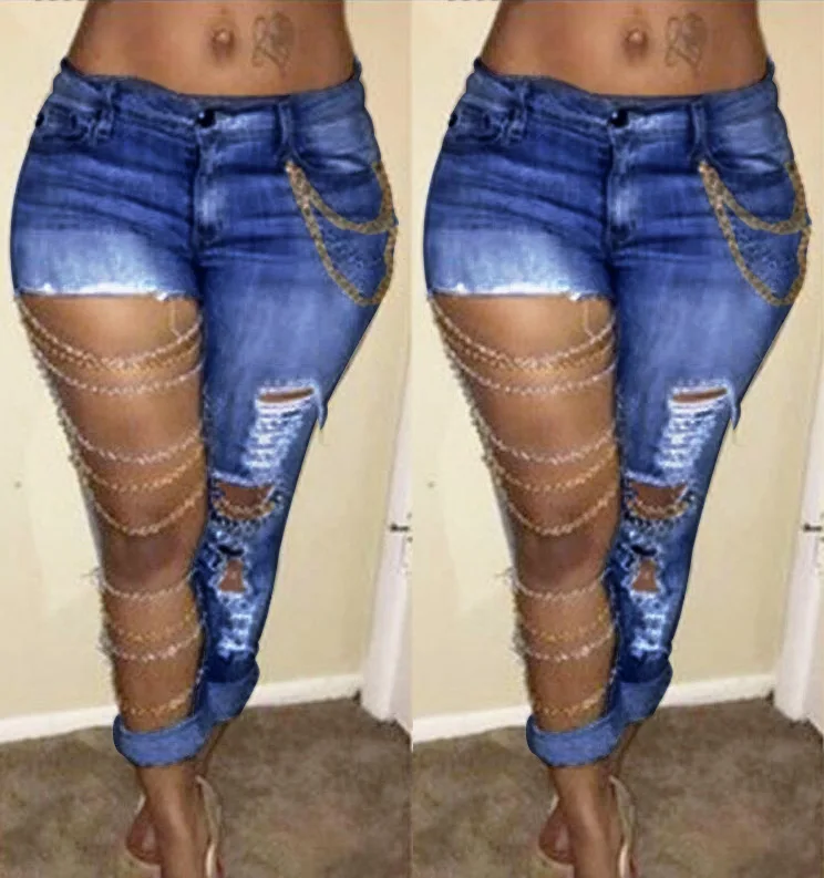 

Vintage hip hop denim trousers women plus size sexy skinny ripped blue chain pantalones jean wear for women distressed jeans, Picture color