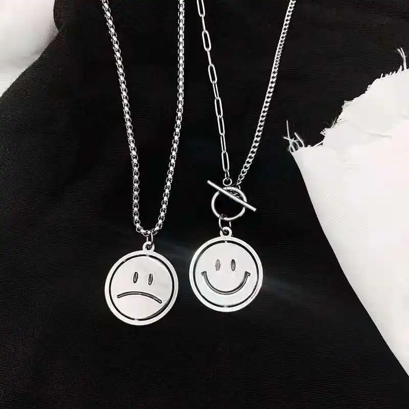 

Clavicle titanium steel necklace ins OT clasp rotatable crying smiley face necklace