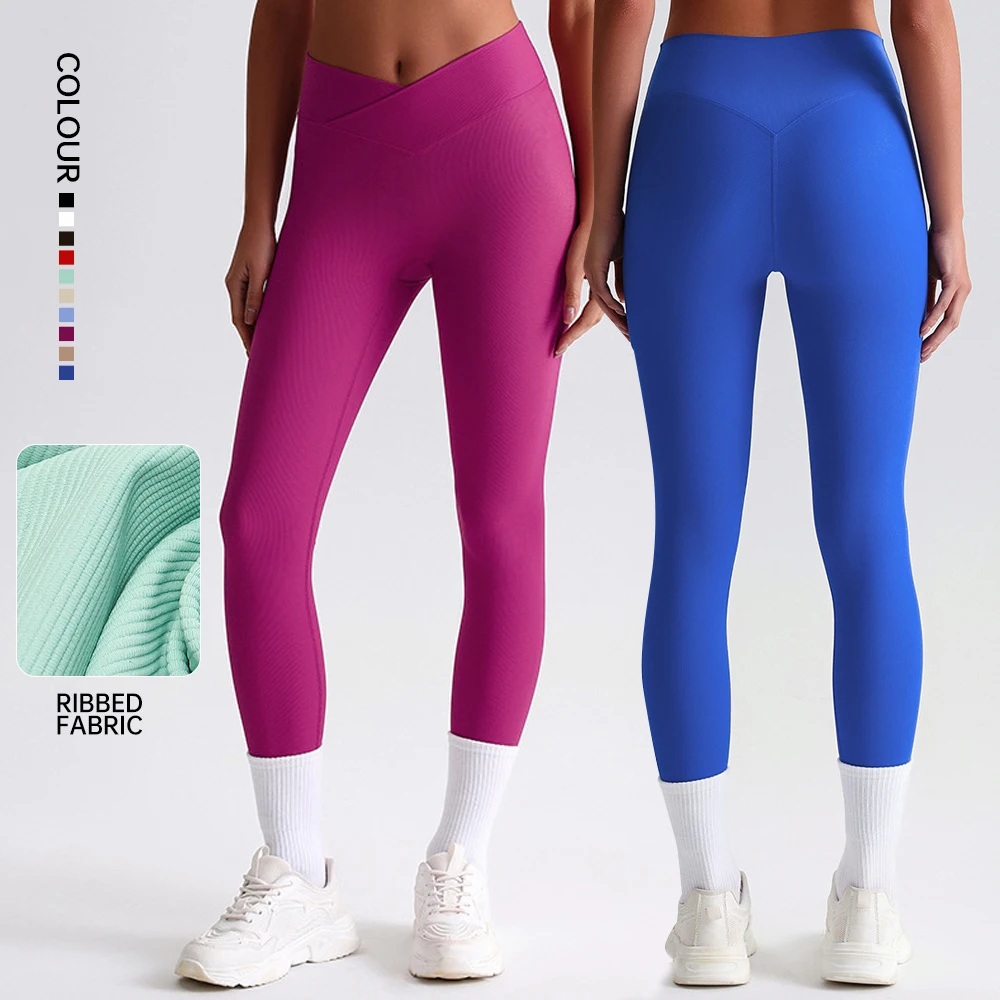 SHINBENE 25" Ribbed Women's Cross Waist Yoga Leggings Crossover Workout Yoga Pants
