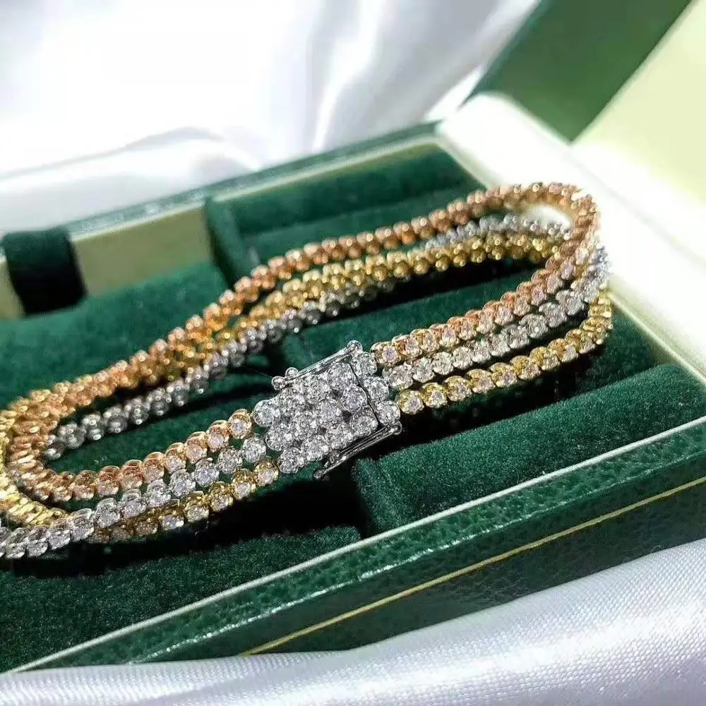 

Latest Fashion Pure 18K Solid Gold Tennis Bracelets 3 Wraps Mixed Color VS Natural Diamond Tennis Bracelets
