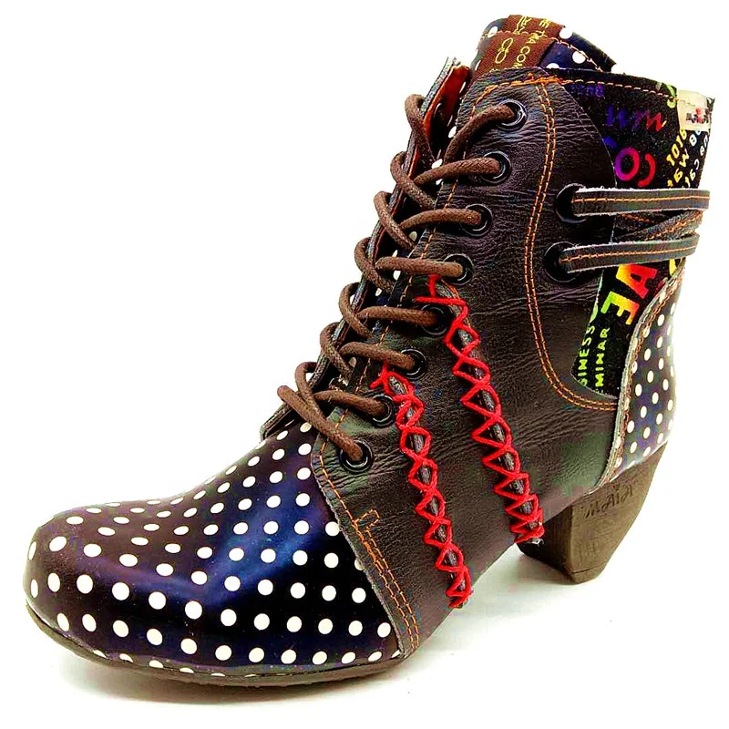 

Winter Polka Dot Round Toe Lace-up Ankle Boots Comfortable Thick Heel Letter Warmer Shoes, Colors