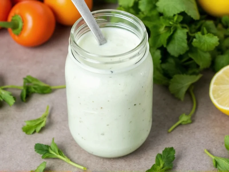 Fresh homemade ranch dressing in mason jar with herbs
