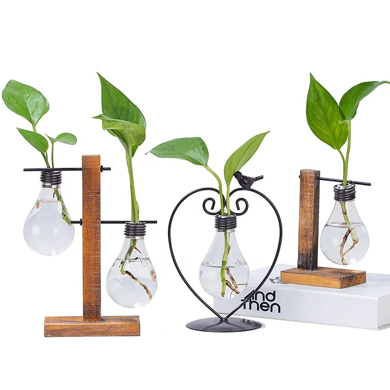 

Handmade Desktop Plant Terrarium Planter Metal Wood And Glass Bulb Vase, Black