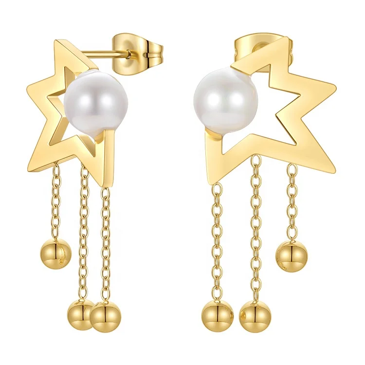 18K Gold Plated Stainless Steel Jewelry Irregular Five-Pointed Star Pearl Steel Ball Charm  Earrings E211328