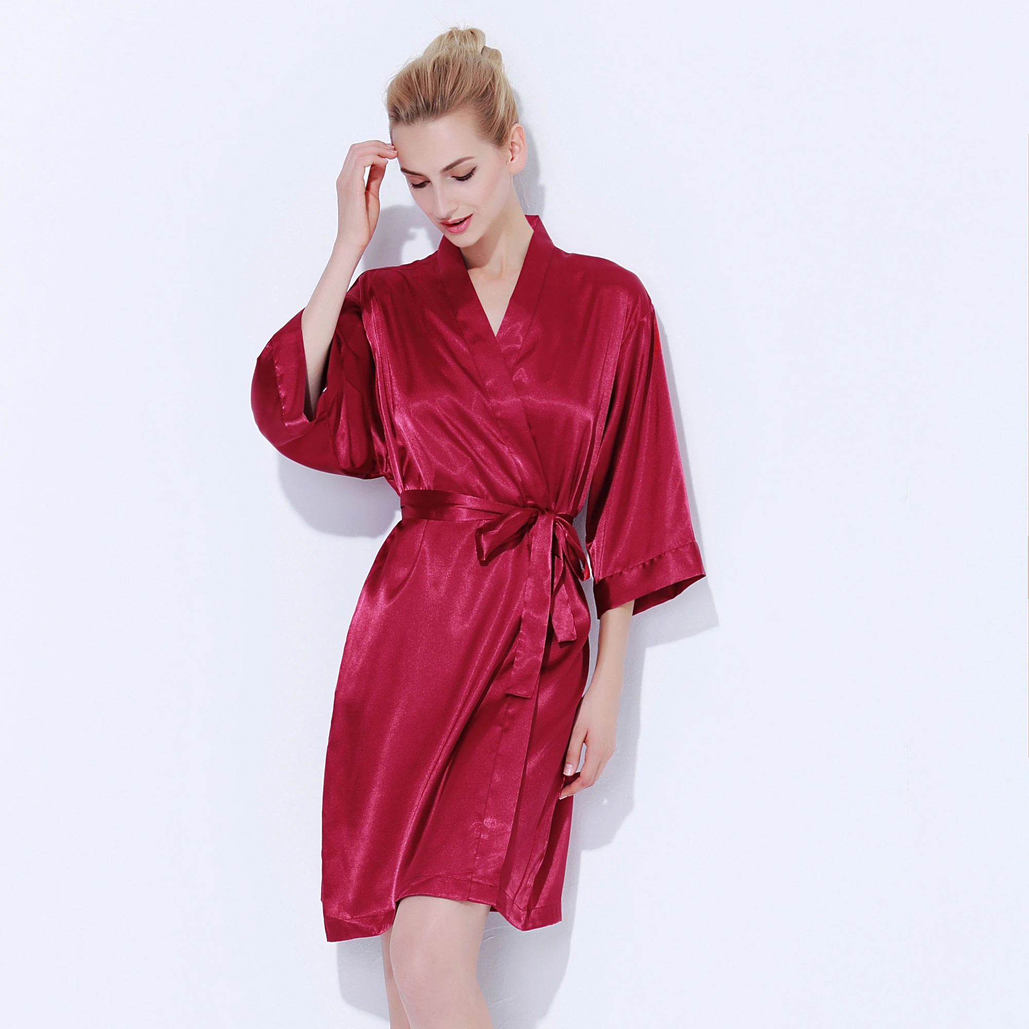 

3019 Wholesale Cheap Silk Robes Kimono Long Sleeve Stain Sleepwear Plain Dyed Bridesmaid Open Front Robe for Women sleepwear, 13 colors