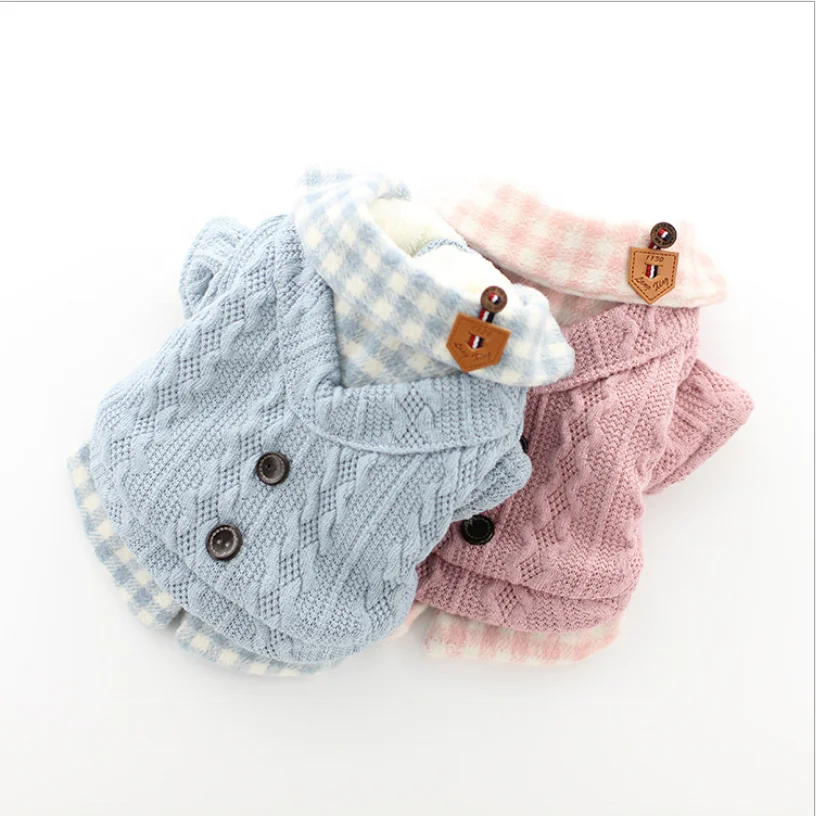

Acrylic Trendy Dog Sweater Plaid Button Warm Dog Clothes Autumn Winter Small Dog Thickened Lovely Sweater, Pink/blue