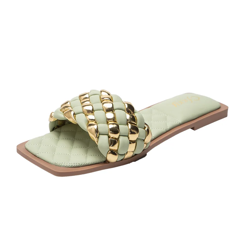 

Female slide slippers gold braided rope sandals flat women, Red, green, black