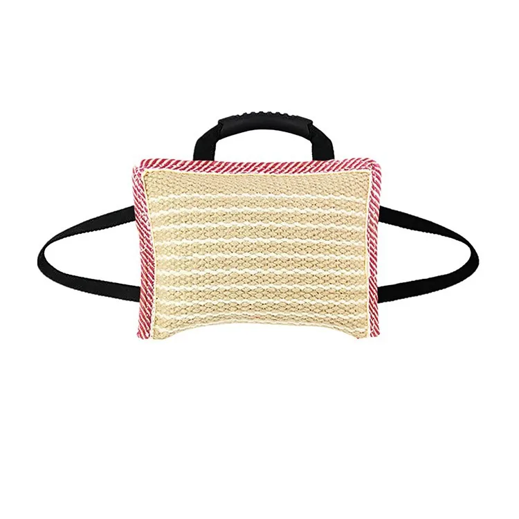 Linen Jute Dog Bite Pillow 3-Handle Training Tug Toy for Malinois GSD Teeth Cleaning Interactive Play Durable Chew Pet Toys