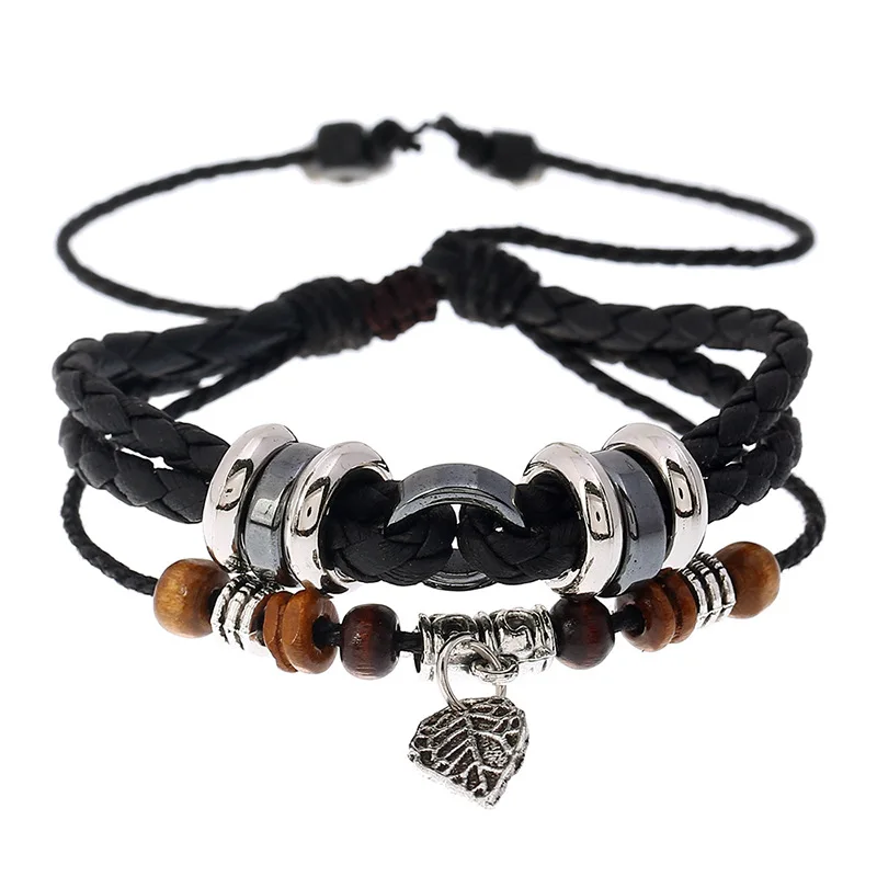 

Fashion Creative Multi-layer Woven Leaf Pendant Leather Beaded Bracelets Student Jewelry Adjustable