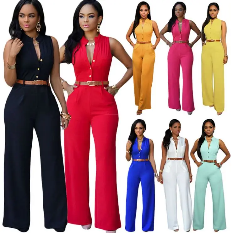 

Newest Women Sleeveless Belt Fashion Ladies Jumpsuit, 8 colors