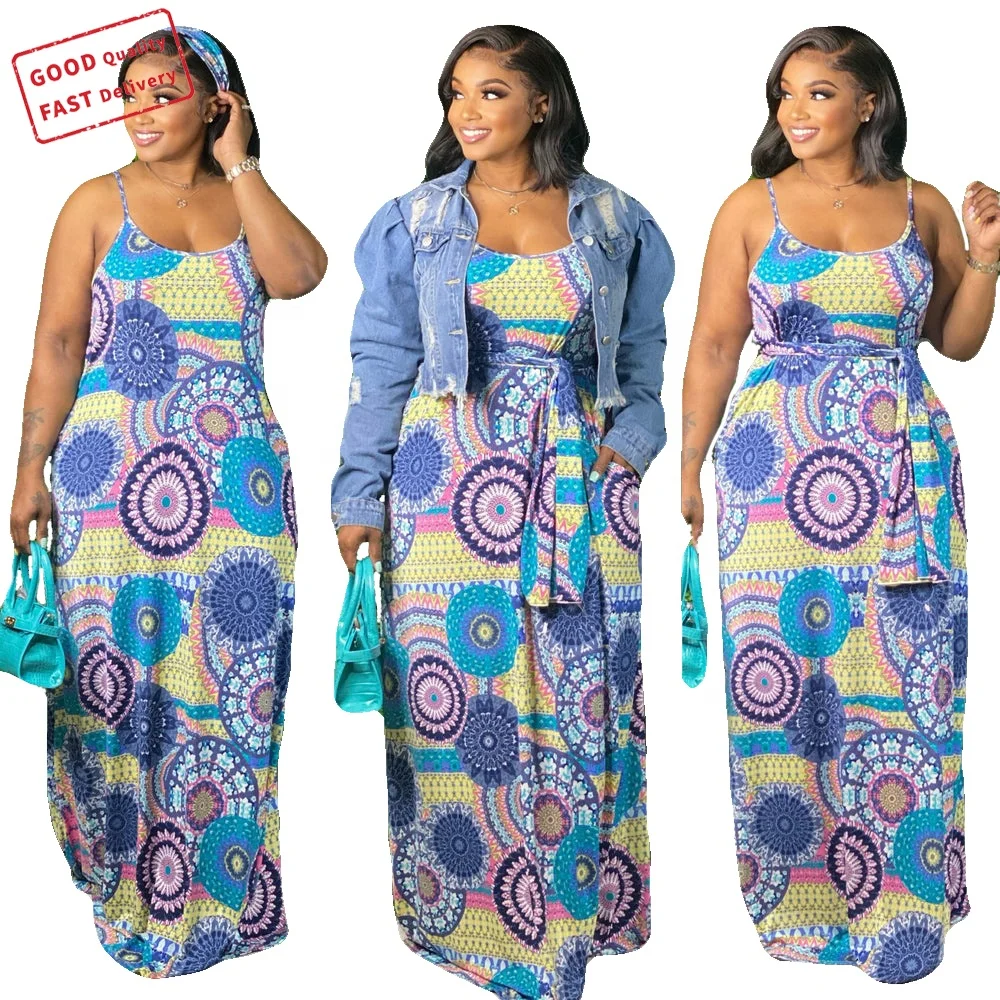 

GQ2802 2021 new arrivals maxi dress printed loose sling plus size dress fashionable casual dresses, Picture color