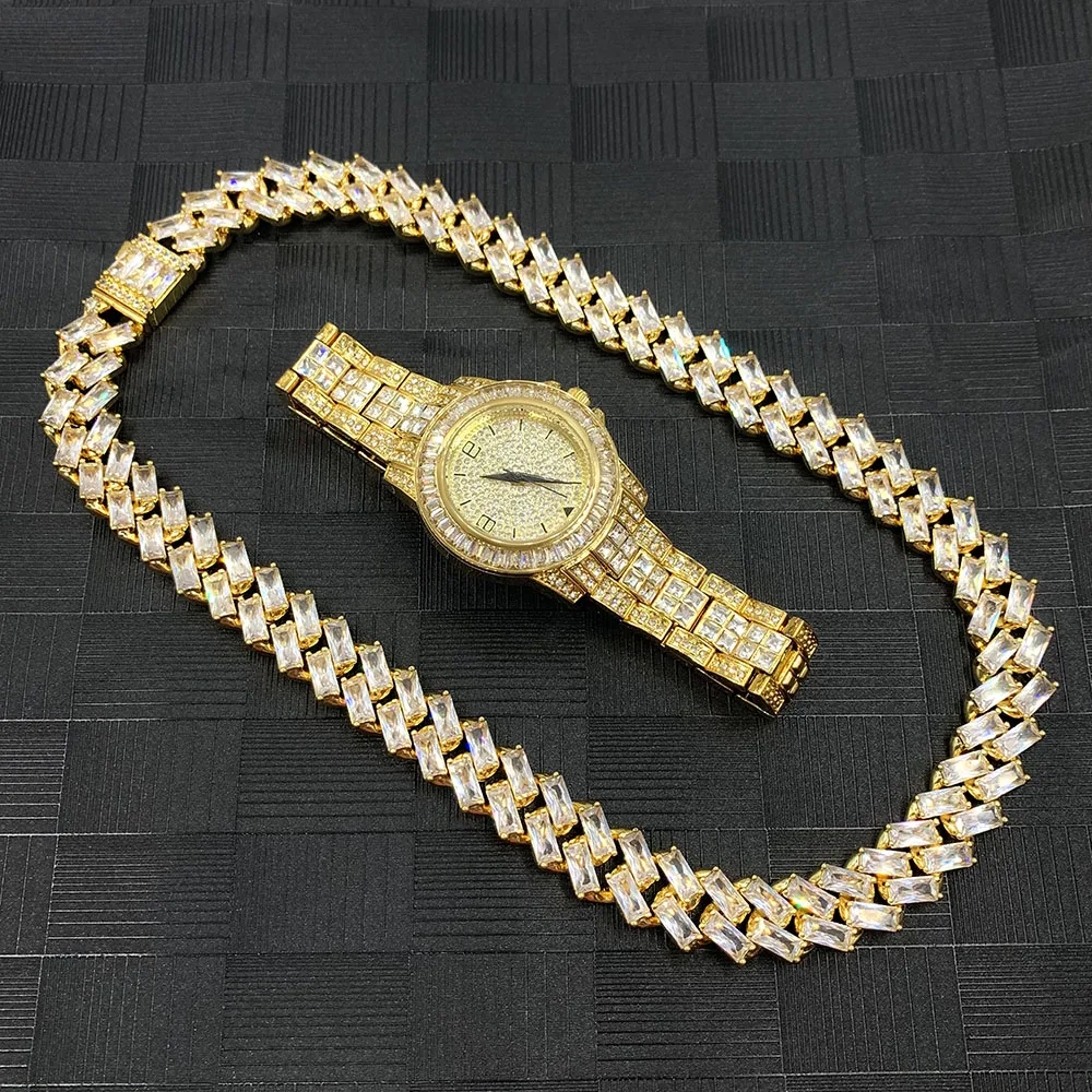 

18k gold plated diamonds iced out watch baguette diamond chain necklace set