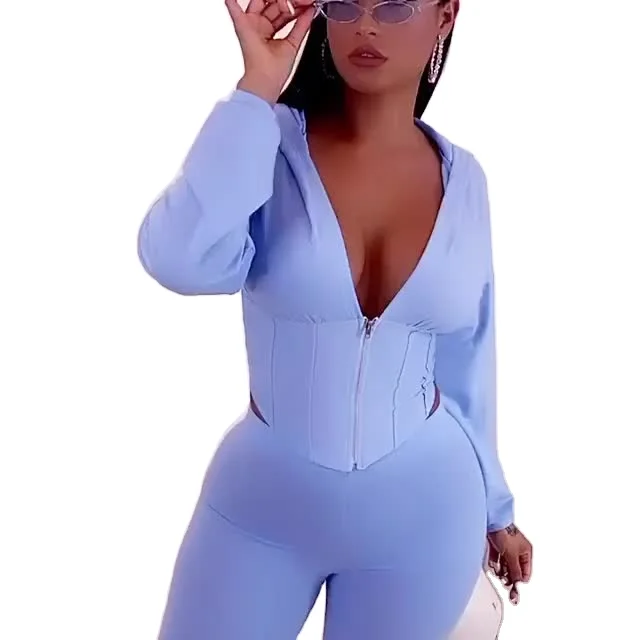 

2020 Women's Corset Hoodie Solid Color Sweater Casual Sports Long Sleeve Two-piece Pants Suits