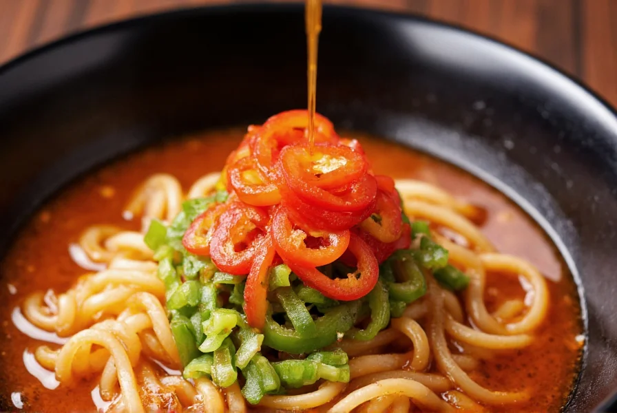 Homemade chili oil drizzled over finished ramen bowl with fresh chili slices as garnish