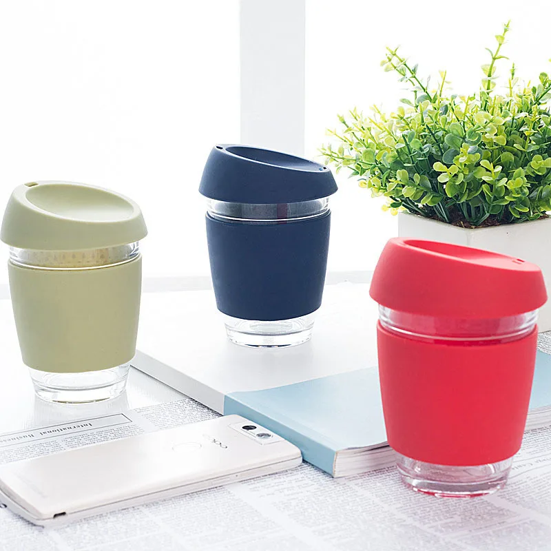 

Most Popular Eco Friendly Custom Glass Mug Silicone Reusable Coffee Cup with Lid, As picture