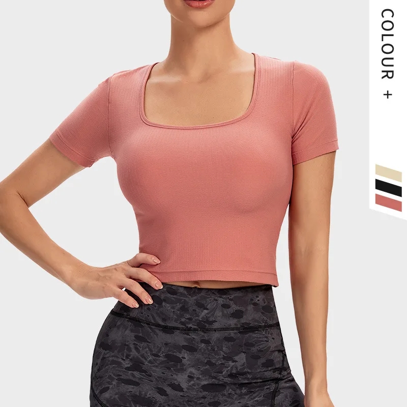 

Unique Design Hot Sale Solid Color Vetement De Sport Seamless Square Collar Dropped Short Sleeve Crop Tops Women Yoga T-Shirt, Customized colors