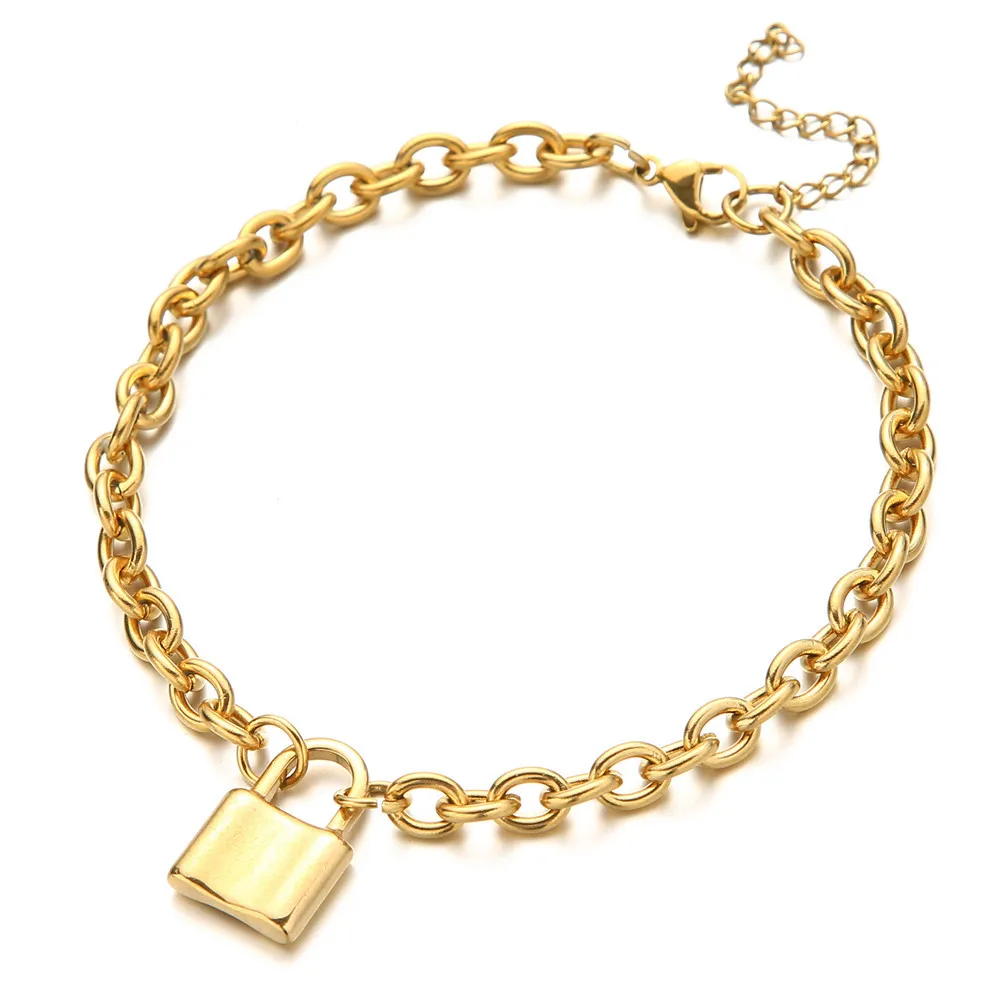 

Amazon Best Selling 14K Gold Plating 316L Stainless Steel Lock Link Chain Anklet O shape Chain Padlock Anklet