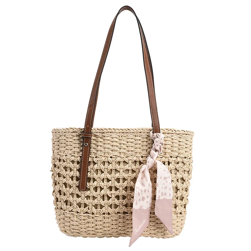 

Wholesale Custom Design Hand Crochet Woven Large Summer Beach Basket Straw Shopping Tote Bag, Natural