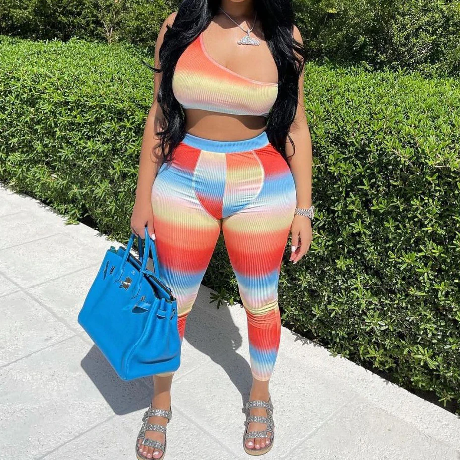 

U Neck Colorful Printing Fashion Outfits Comfortable Two Piece Pants Set Women Joggers Suits Female Crop Top And Trouser -PT, Pink,yellow,orange