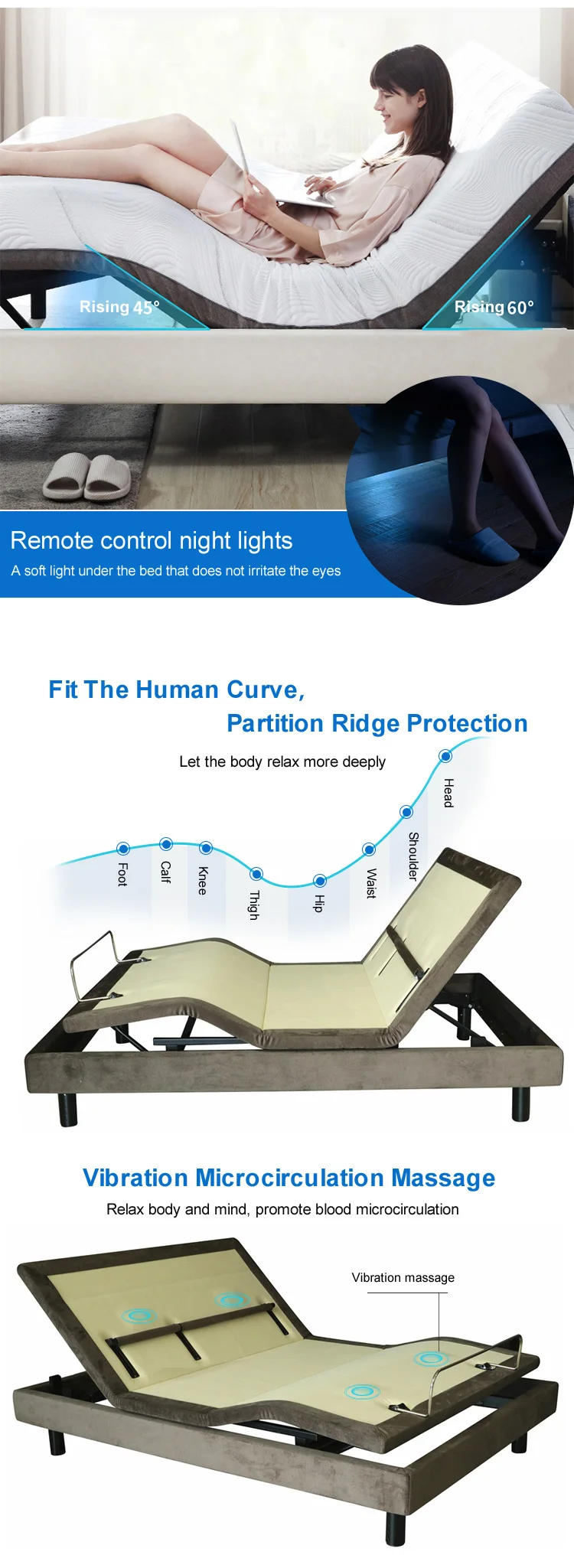 
smart adjustable bed motion 9141 model base with 3 position adjustment massage and multi function 