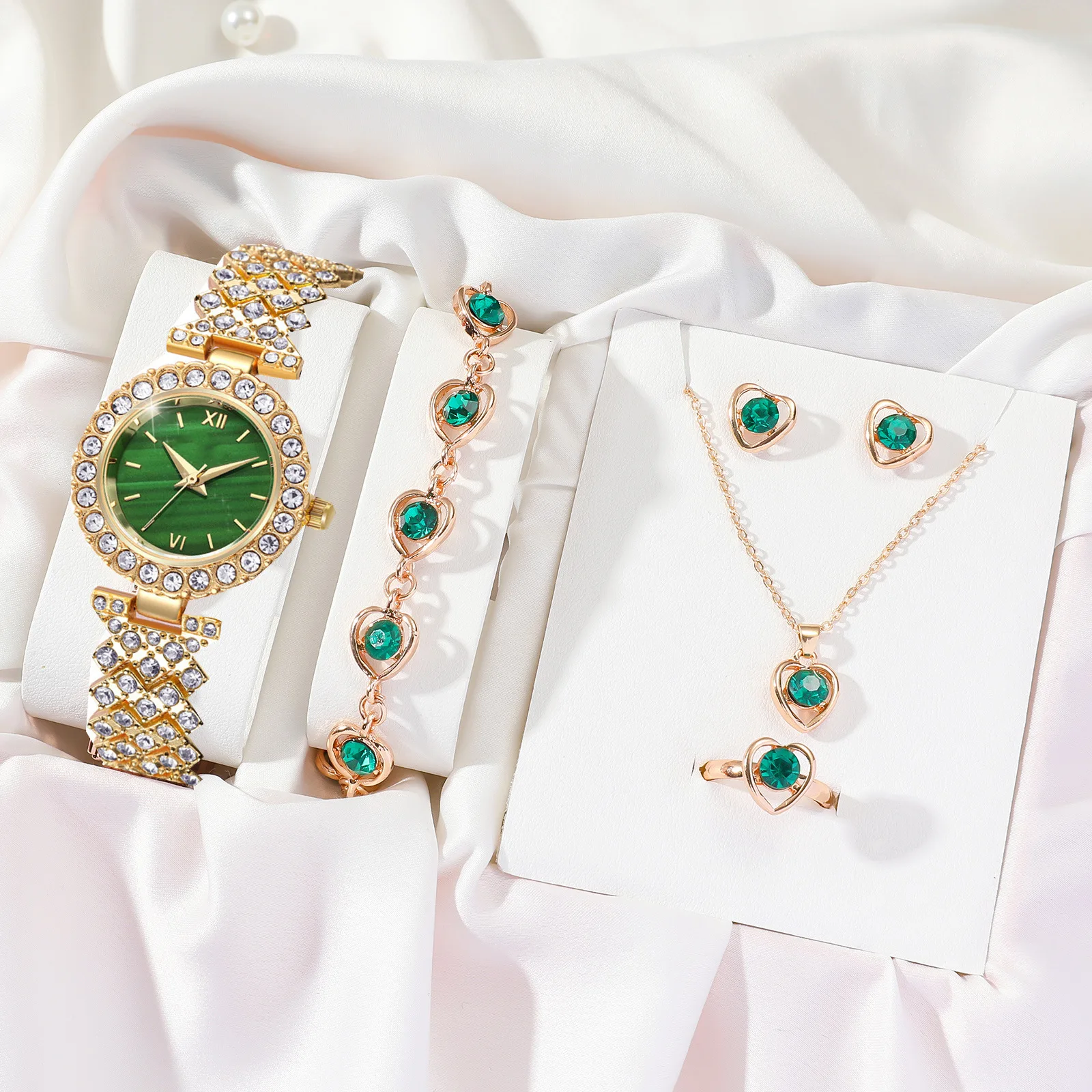 

5PCS/Set Gold Plated Rhinestone Crystal Heart Pendant Necklace Rings Earrings Bracelet And Quartz Watch Set For Jewelry Gift