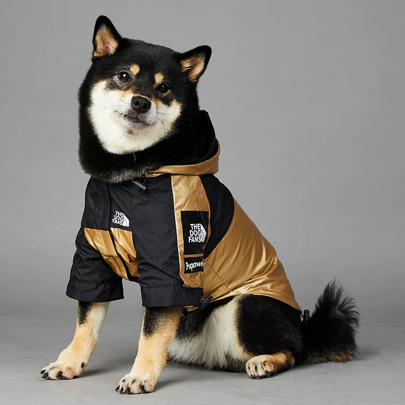 

New Design Waterproof Dog Raincoat Gold Color Clothes Large Pet Windbreaker Luxury Dog Jacket