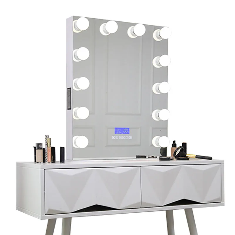 

New Hollywood Makeup mirror with bluetooth display and speaker Metal frame makeup mirror, White