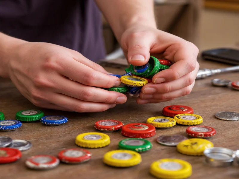 Hand sorting colorful bottle caps on wooden table