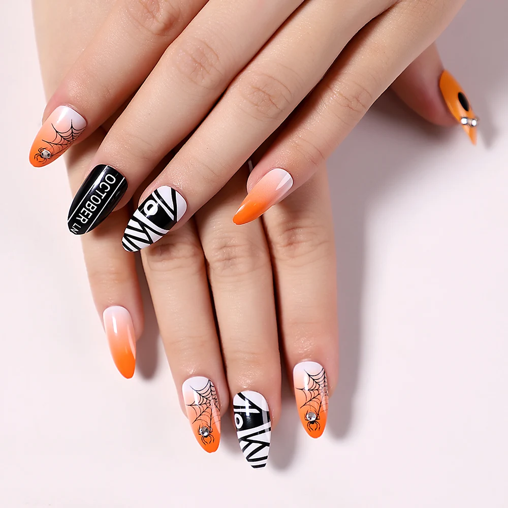 

Newest Medium Long Nail Art False Nails Skull Spider Web Designs Almond Halloween Press On Nails, Multi color