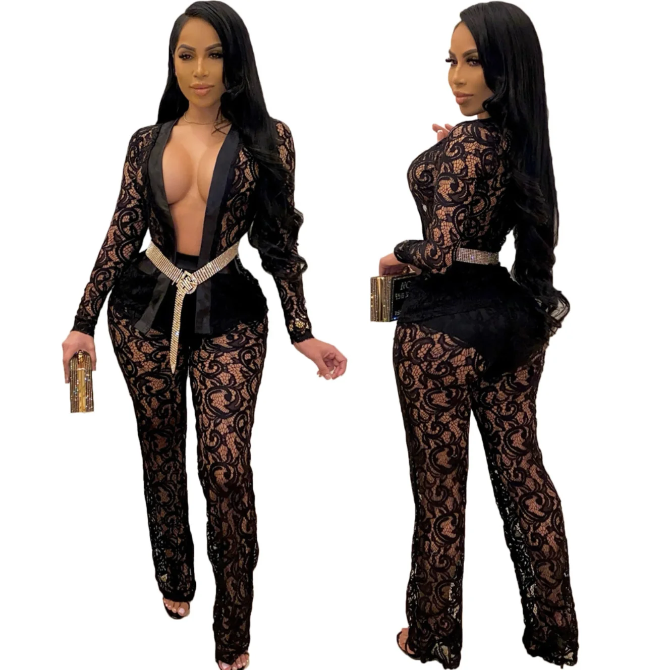 

2021 new spring/summer women lace suit women lace stitching sexy see-through long sleeve deep V neck top+trouser sexy club suit