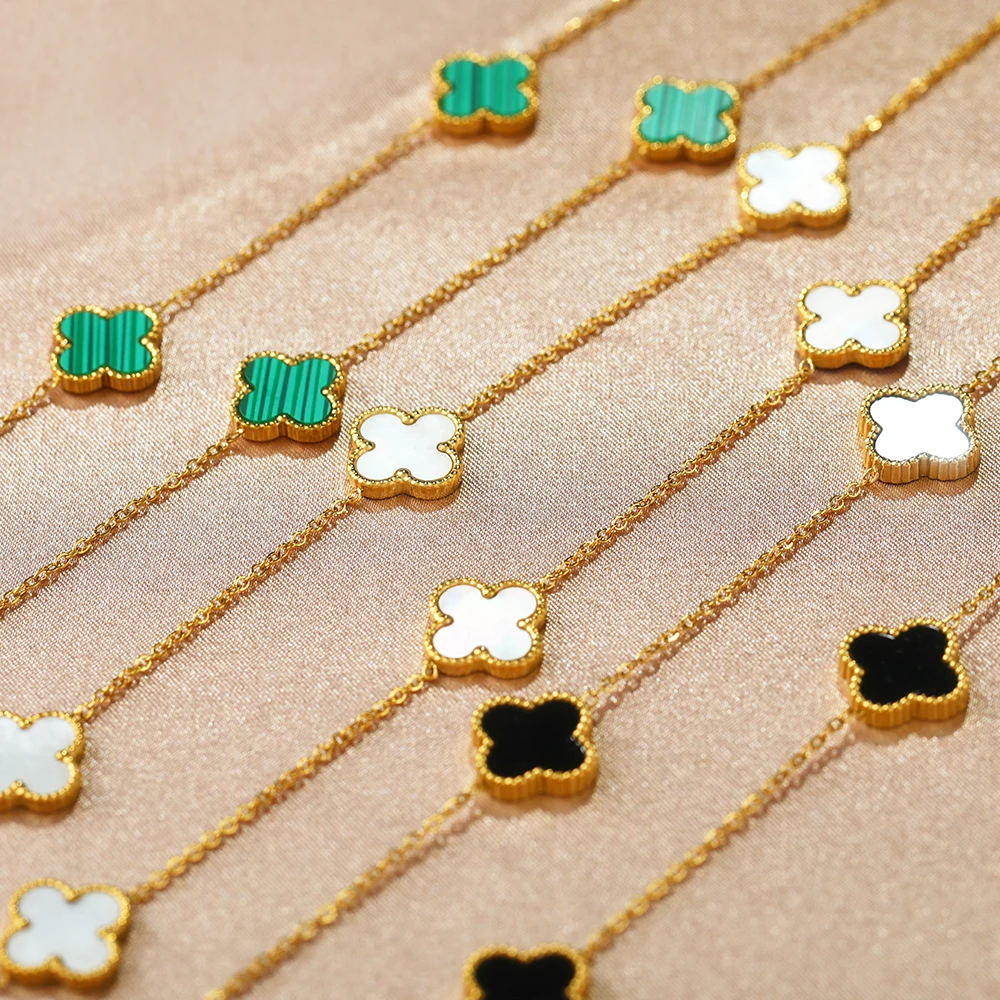

Exquisite Colorful 18k Gold Plated Stainless Steel Chain Shell Acrylic Clover Pendant Necklace Charm Necklaces For Women