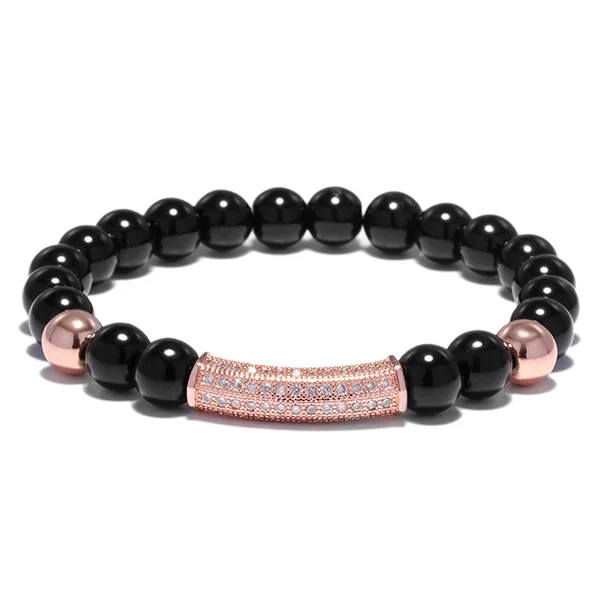 

Brand New Copper Bead 8mm Natural Black Onyx Strand Rose gold silver Bracelet Micro Pave CZ Curved Tube Charm Bracelet, Gold, black, rose gold, silver