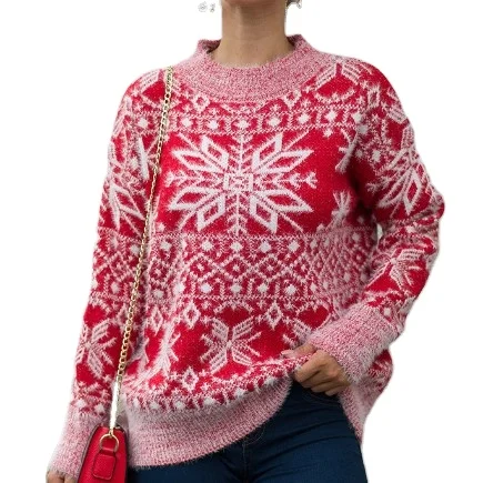 

New Design High Quality Long Sleeve Christmas plus size snowflake o-neck knit customize customize, Customized color