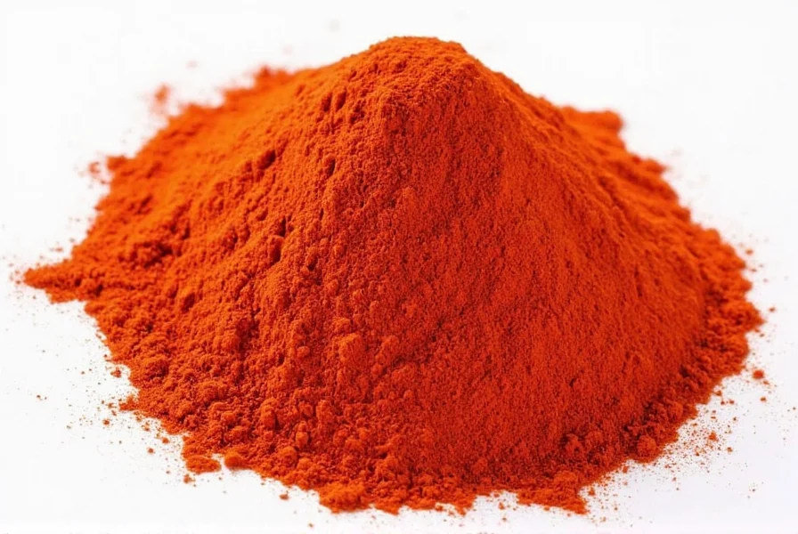 Close-up of vibrant red paprika powder sprinkled on white surface showing its rich color and texture