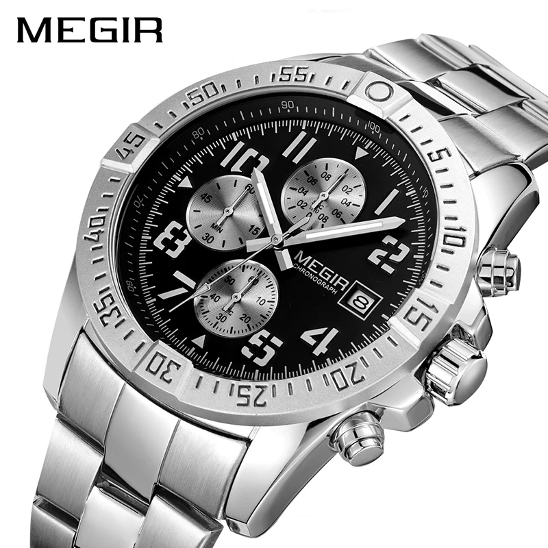 

MEGIR 2030 world silver boys quartz watch excel Stainless steel band 3 dials Chrono Calendar rohs watch set