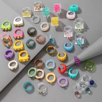 

Fashion Transparent Resin Acrylic Rhinestone Colourful Geometric Square Round Rings Set for Women Jewelry Party Gifts, Colorful