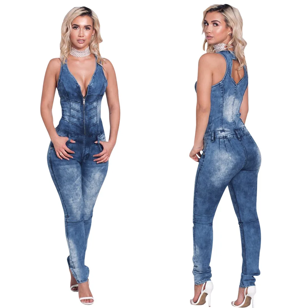 

2020 new arrivals Wholesale New Fashion Women Sexy Sleeveless Denim Jeans Jumpsuits, Picture