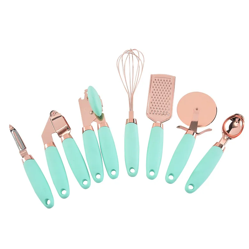 

A3506 Amazon Sales Cooking 7pcs/set Eggbeater Spoon Utensil Set Parer Can Opener Peel Knife Tool Kitchen Gadget Set, 3 colors