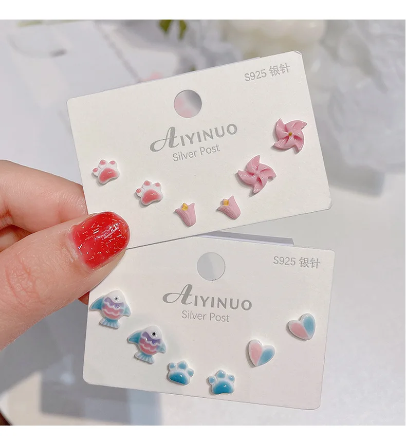 

Stud Earrings Women Unique Ceramic Bunny Heart Cherry Candy Earring 925 Silver Needle Cute Tulip Jewelry For Girls, Multi color